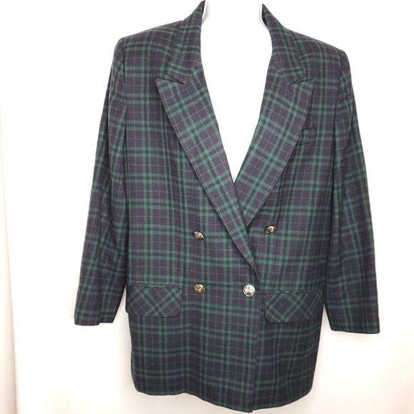 Vintage Wool Plaid Tartan Vintage Sz 8 Double Breasted Green Navy Blue - Picture 1 of 7